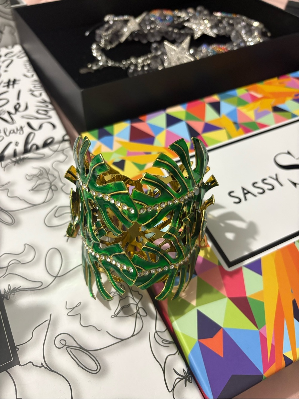 Sassy Jones Green Leaf Cutout Cuff Bracelet with Gold-tone Base